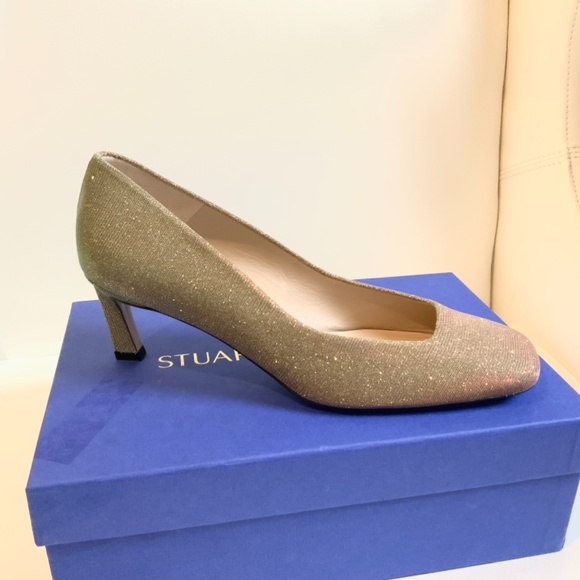 Stuart Weitzman Chelsea Gold Heel Pump Square Toe Dress Evening Fashion Shoe 9.5 - Picture 7 of 14